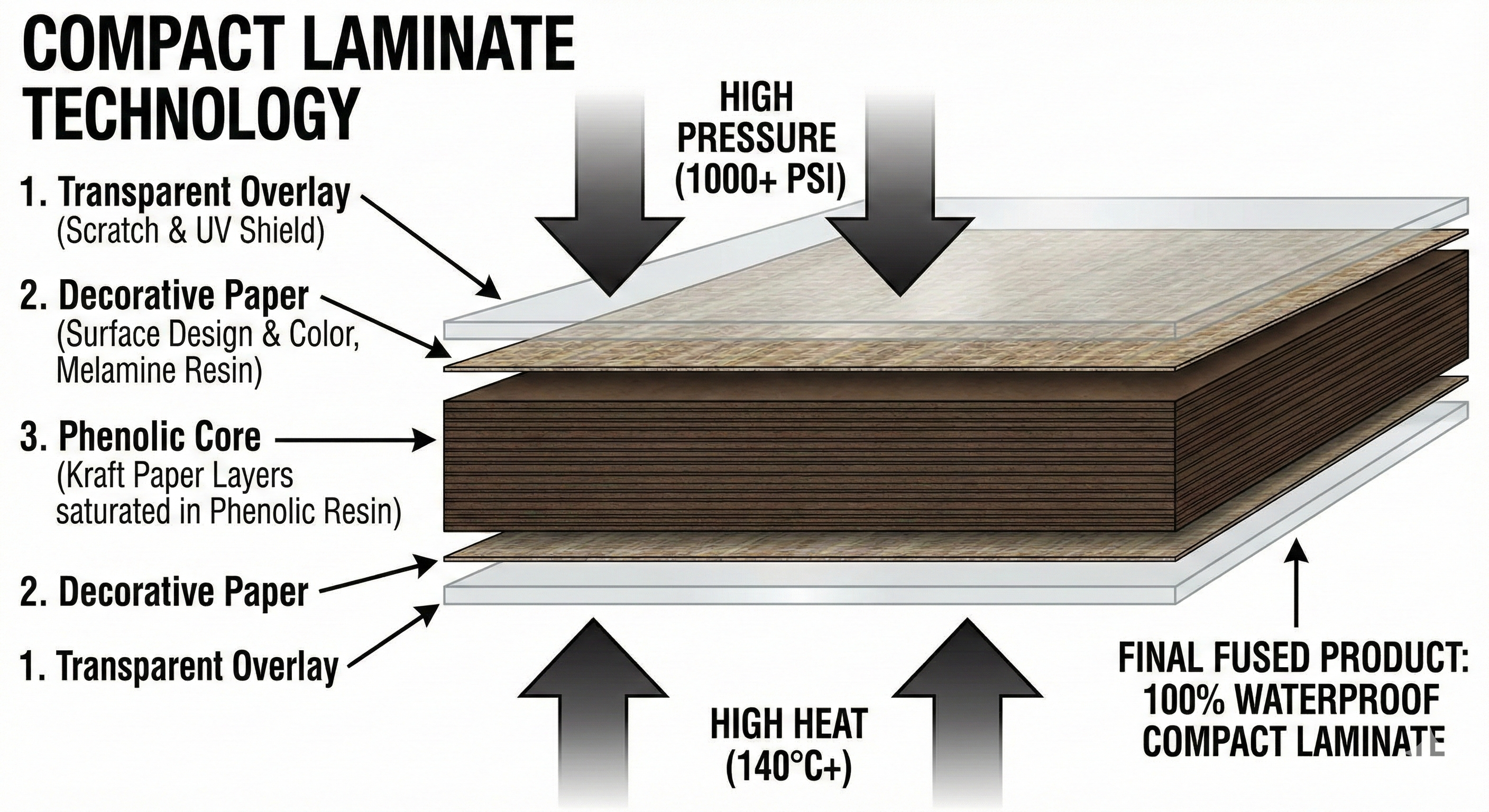 Technical cross-section diagram showing the manufacturing process of Compact Laminate, including the phenolic kraft core, decorative paper, and transparent overlay layers being fused under high pressure.