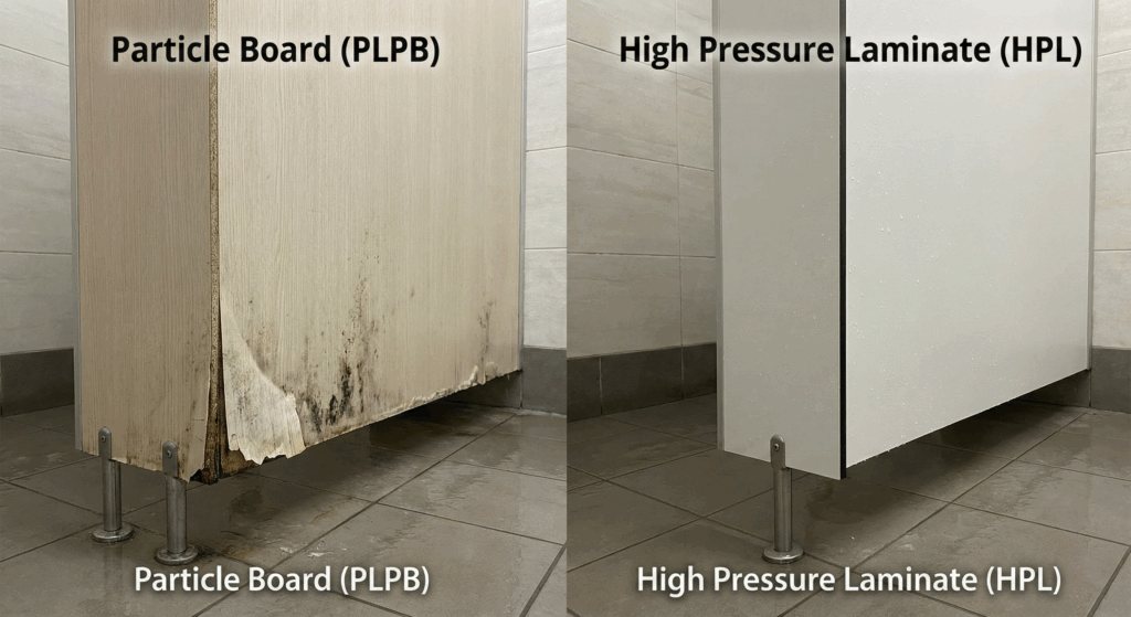 Comparison of water-damaged particle board partition vs waterproof HPL toilet cubicle showing swelling and mold