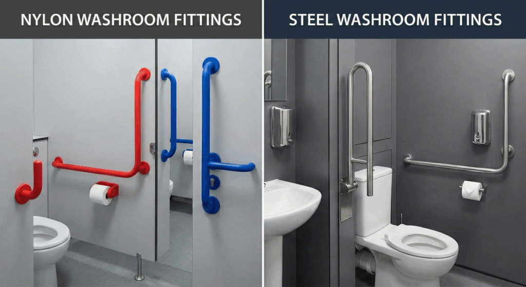 Side-by-side comparison image showing colorful red and blue nylon washroom grab bars and holders on the left versus sleek polished stainless steel grab bars and dispensers on the right.