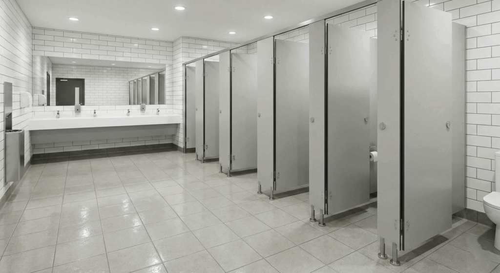 Waterproof washroom cubicle installation in a commercial public toilet
