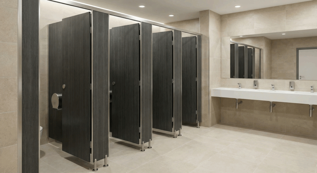 HPL toilet cubicles in a modern commercial washroom in India