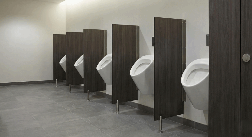 Modern office washroom with dark wood-grain urinal partition panels separating white urinals