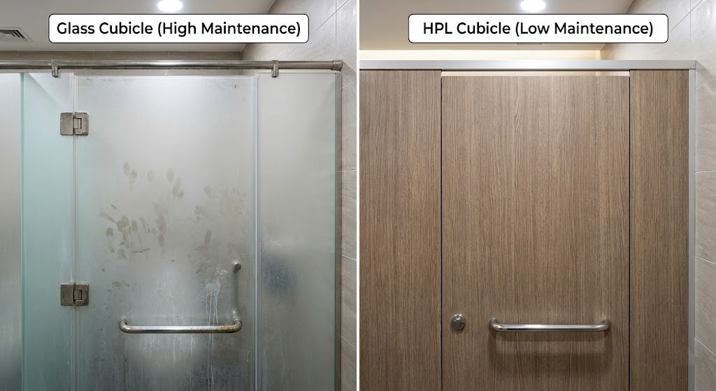 Side-by-side comparison of a smudged frosted glass toilet door vs a clean wood-finish HPL cubicle